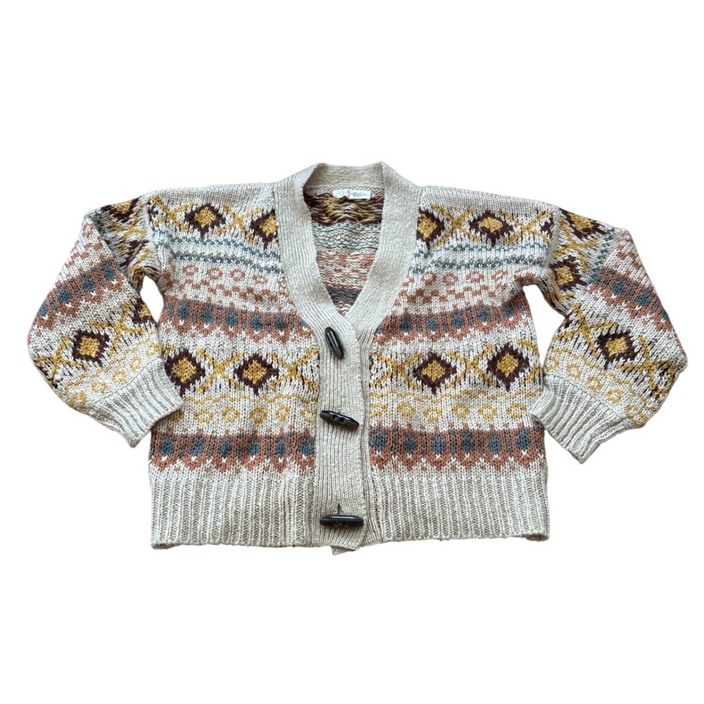 Rewind Cardigan Sweater Womens Tan Fair‎ Isle Toggle Western Boho Vintage SIZE M